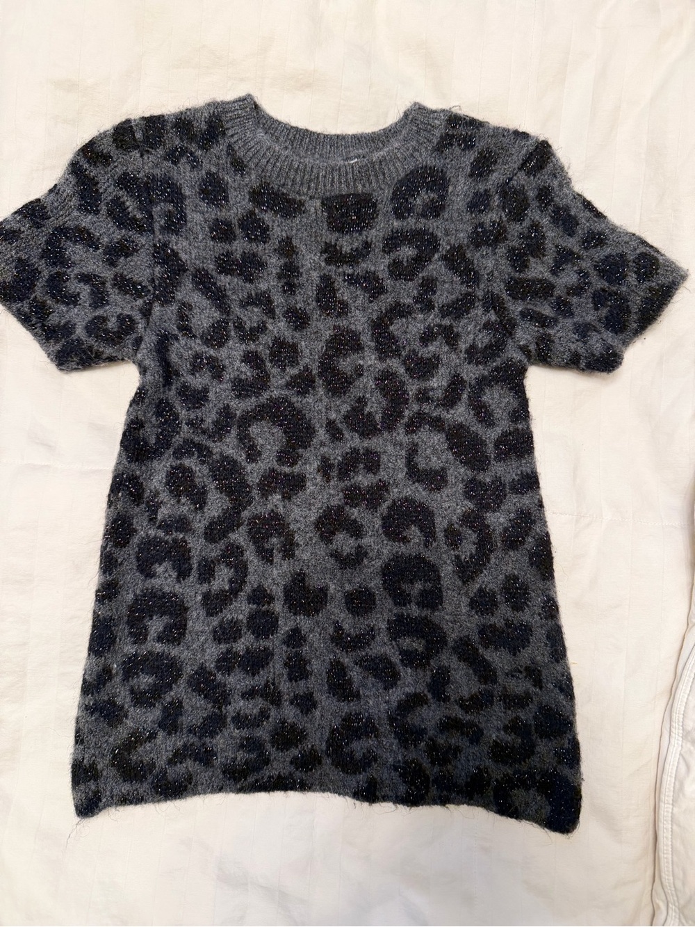 Zara Girls Gray and Black Leopard-Print Short-Sleeve Sweater
